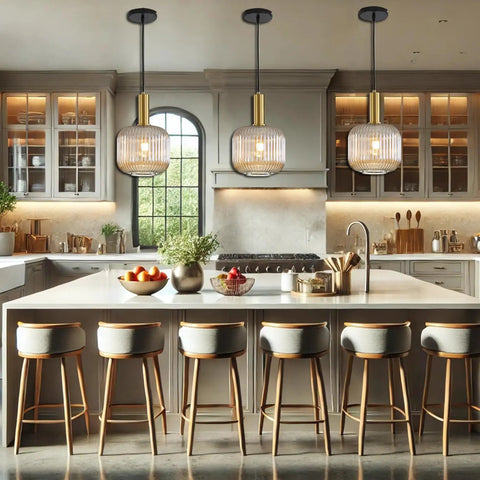 Modern Farmhouse Striped Glass Pendant Light For Kitchen Island And Dining Room, Green Ceiling Fixture With Gold Socket in kitchen