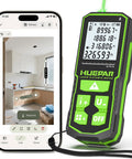 330 Ft Green Laser Measuring Tool With Bluetooth App Control, One Sixteenth Inch Accuracy, next to a smartphone displaying measurements