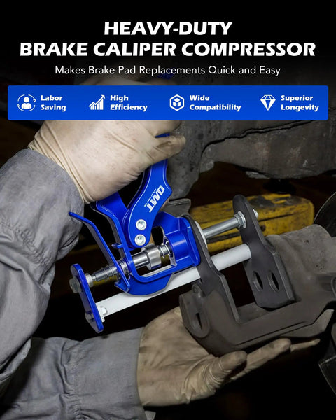 Mechanic using Heavy Duty Brake Caliper Piston Compressor Tool for single dual and quad pistons on car brake caliper