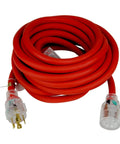 Beefy 30 Amp L14-30 Generator Extension Cord, 30ft Long, Lighted Plugs, 4 Prong, SJEOW Insulation Stays Flexible to -58F coiled red cable