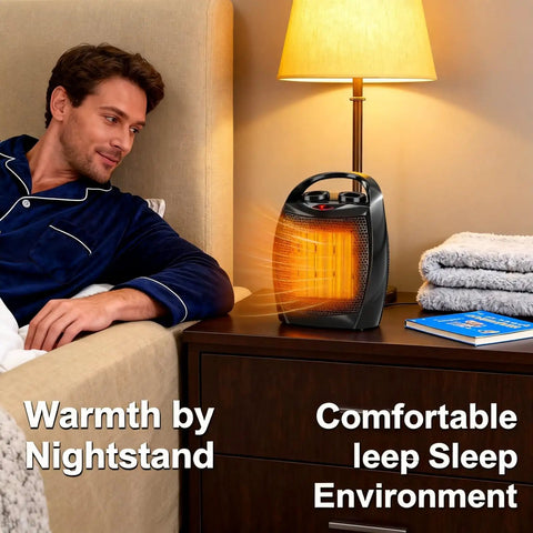 Man relaxing in bed with Portable 1500W/750W Ceramic Space Heater With PTC Quick Heat on nightstand, providing warm air.