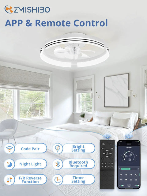 Low Profile 20 Inch Ceiling Fan With Light No Fuss Remote Control Dimmable LED 3000K 6000K Flush Mount Fandelier in bedroom