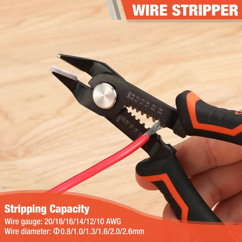 Wire Stripper And Cutters 6 Inch Tool For 10-22 AWG Wire With Flush Cutters Safety Lock Curved Bevel Design close-up cutting red wire