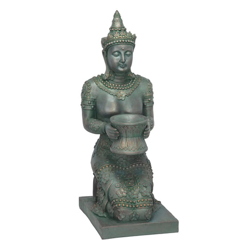 Thai Princess Kneeling Garden Statue With Offering Bowl Indoor Outdoor Polyresin Sculpture 28 Inch Tall Handcast Green Bronze Finish