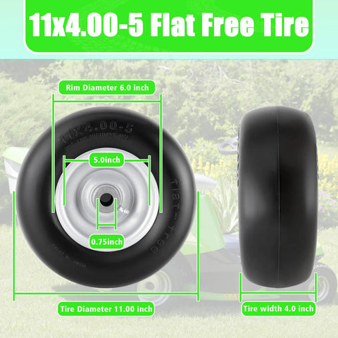 Flat Free 11x4.00-5 Lawn Mower Tires With Wheel Kit Two Pack Universal Fit Rim Centered Hub Uses Bushings Three Quarter Inch