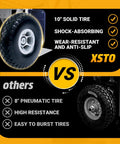 Comparison of tires: XSTO ZW7210GC Electric Stair Climber Hand Truck Cart features a 10" solid tire vs. competitors' 8" pneumatic tire.