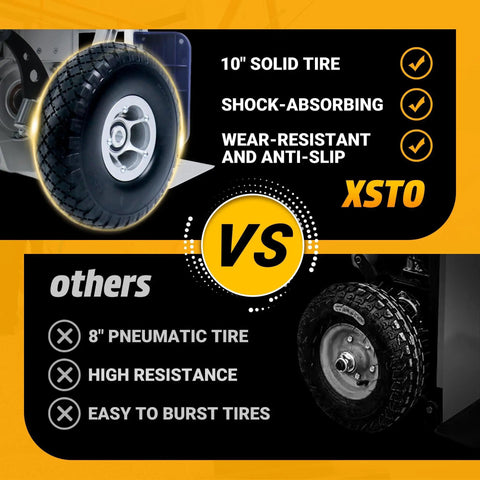 Comparison of tires: XSTO ZW7210GC Electric Stair Climber Hand Truck Cart features a 10" solid tire vs. competitors' 8" pneumatic tire.