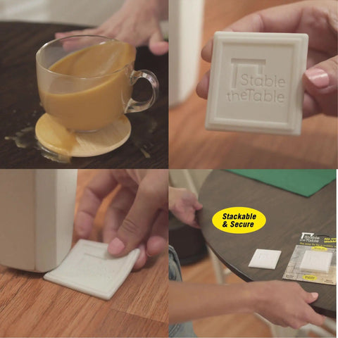 No More Drifting Or Bouncing Heavy Duty Furniture Leveler Pads Fix Wobbly Tables And Chairs Featuring Grippy Rubber, shown in use with a table.