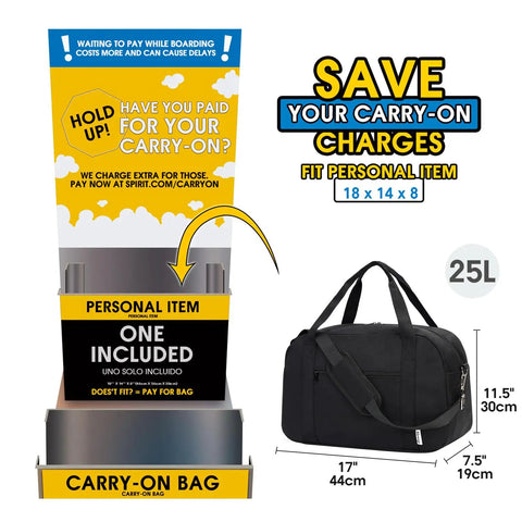 Underseat Carry On Bag For Air Travel Fits Spirit Frontier Personal Item 18x14x8 Inches 25L Duffle Weekender Gym Bag With Sizing Guide