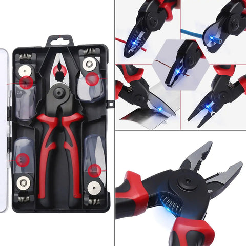 Multipurpose Wire Strippers And Crimping Pliers With Quick Change Heads For DIYers And Home Pros in carrying case with attachments.