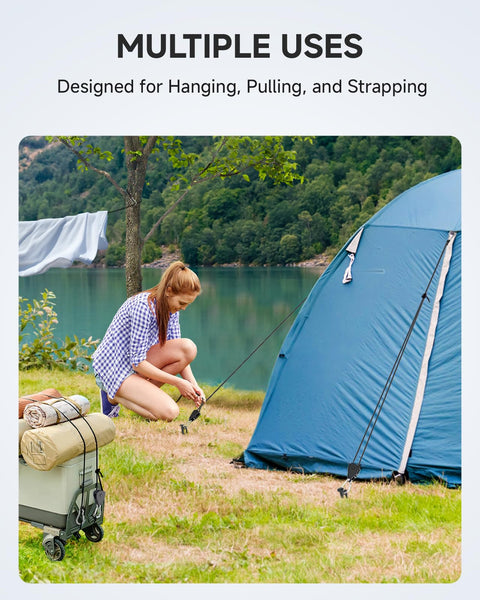 Person using 8 Ft Adjustable Ratchet Tie Downs 4 Pack With Quick Lock Pulley System to secure a blue tent at campsite