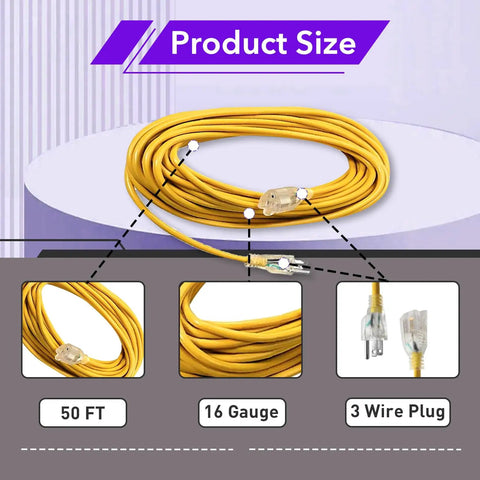 Heavy Duty 50ft Extension Cord For Backpack Vacuums Go-To ProTeam Compatible Replacement 101678 with 16-gauge SJTW wire
