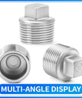 Multi-angle view of 1-1/2 Inch NPT Male Outer Square Head Socket Pipe Plug Fittings, 304 Stainless Steel Thread Adapters, Heavy Duty 3 Pack
