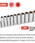 Three Eighth Inch Drive Metric Deep Socket Set 11 Piece 6 Point Sizes 8mm To 19mm Pro Grade Mirror Polished Chrome Vanadium Steel