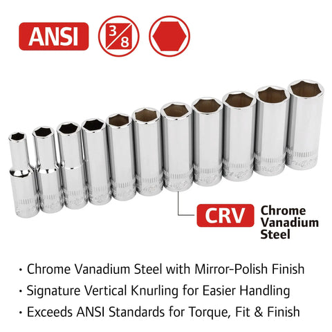 Three Eighth Inch Drive Metric Deep Socket Set 11 Piece 6 Point Sizes 8mm To 19mm Pro Grade Mirror Polished Chrome Vanadium Steel