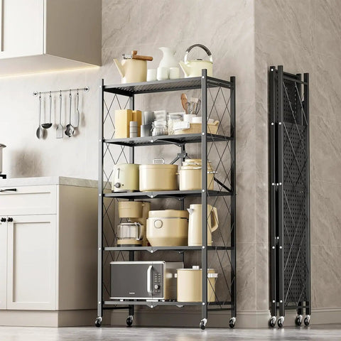 Heavy Duty Black 3 Tier Foldable Metal Bookshelf Delivers Smooth Moving Storage Wins For Cramped Rooms And Zero Fuss Organization Anywhere You Kick Back in kitchen with cookware.