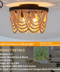 Boho Wood Beaded Chandelier Three Light Flush Mount Ceiling Fixture With Engraved Pattern Oil Rubbed Bronze showing lit bulbs