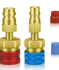 R134A to R1234YF Quick Coupler Adapter Kit for AC Charging with brass connectors in red and blue, and caps for both sides