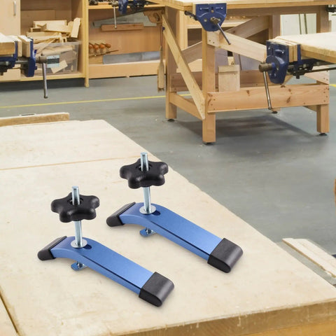 Ergonomic T-Slot Hold Down Clamps With M8 Slide Track For Woodworking And CNC Router Tables, Anodized Aluminum Fastening Kit With Five Star Knob For Precision Jig Fixture And Drill Press Work, 2 Pack on workbench