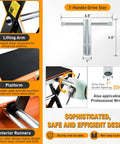 Features of Beefy 1100lb Motorcycle Lift Jack with wide deck, safety pin, adjustable height, T-handle drive, and stable platform.