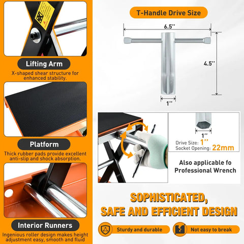 Features of Beefy 1100lb Motorcycle Lift Jack with wide deck, safety pin, adjustable height, T-handle drive, and stable platform.