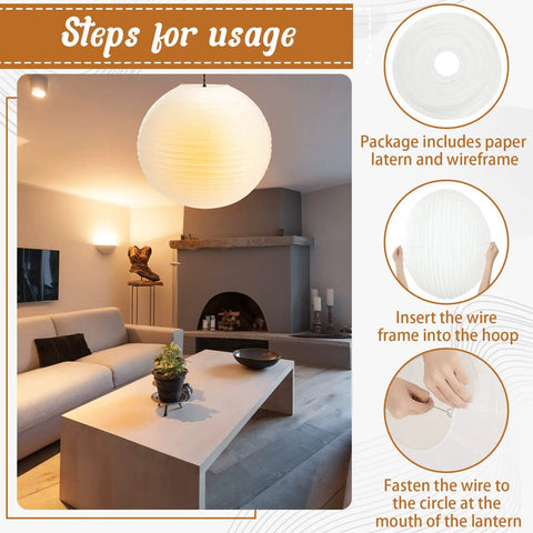 Jumbo 30 Inch White Paper Lanterns Hanging Luminaries For Weddings And Events shown in a living room setting with installation steps.