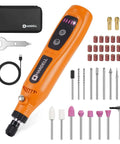 HARDELL mini cordless rotary tool 4V orange handheld with 5-speed control, 42‑piece accessory kit and case