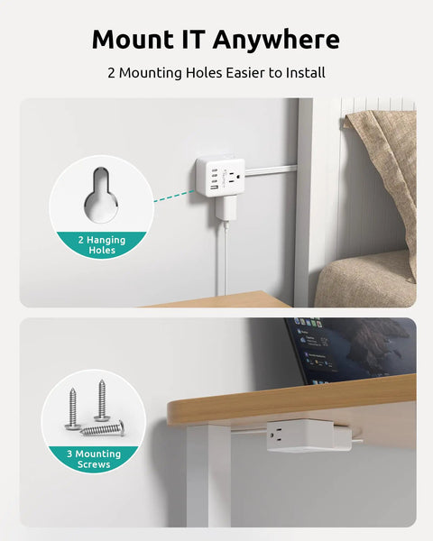 360° Rotating Flat Power Strip With 3 Ac Outlets And 4 Usb Ports Smart Extension Cord showing installation with mounting holes and screws.