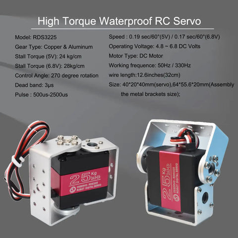 Two Pack 25Kg Digital RC Servo RDS3225 Waterproof High Torque Full Metal Gear Dual Shaft Servos With U Mount Bracket