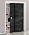 No Sweat Peel And Stick Finger Pull Handles For Cabinets on a dark sliding closet door, measuring 1 x 4 3/4 x 3/8 x 1 3/8 inch.