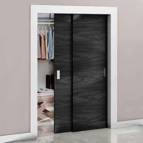 No Sweat Peel And Stick Finger Pull Handles For Cabinets on a dark sliding closet door, measuring 1 x 4 3/4 x 3/8 x 1 3/8 inch.