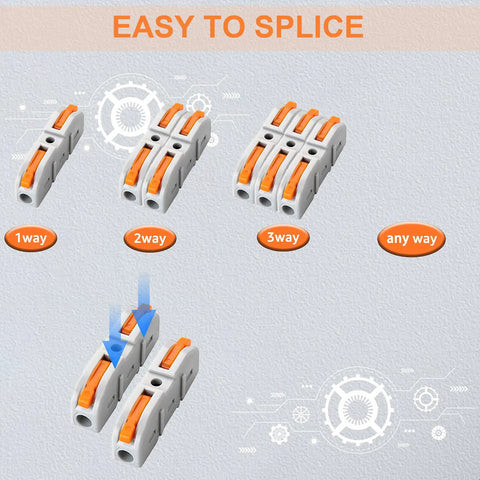 Lever Wire Connectors Kit 60 Piece Quick Connect Splicing for 28 12 AWG shown in 1-way, 2-way, 3-way configurations