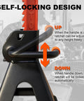 Heavy Duty 6 Ton Jack Stands With Crossbars For Cars And Trucks Featuring Double Pin Locking Mechanism showing self-locking ratchet adjustment.