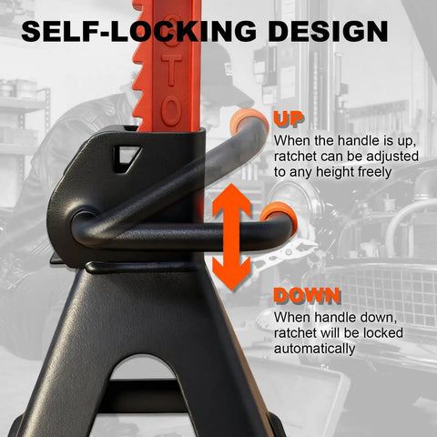 Heavy Duty 6 Ton Jack Stands With Crossbars For Cars And Trucks Featuring Double Pin Locking Mechanism showing self-locking ratchet adjustment.