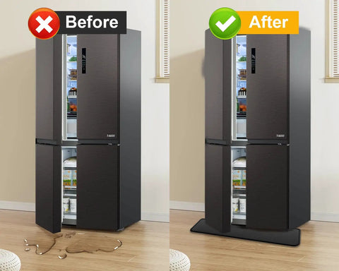 Heavy Duty Fridge Drip Pan And Leak Catcher Mat To Shield Floors From Watery Messes And Keep Your Place Bone Dry Non Slip Silicone Appliance Mat For Washer Or Freezer In Tough Black before and after comparison of spills.