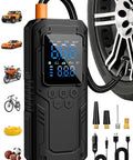 Cordless Tire Inflator Portable Air Compressor With Autostop 150 PSI 12V DC Car Tire Pump next to tire and accessories