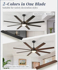 65 Inch Black Indoor Outdoor Ceiling Fan With Lights And Remote shown in two styles, black and wood grain.