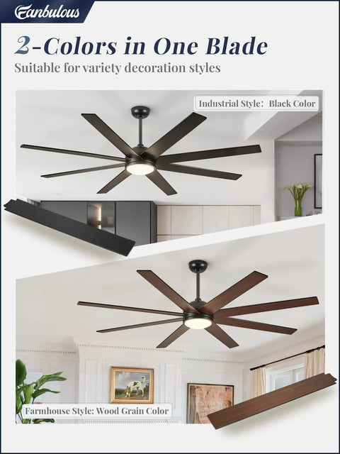 65 Inch Black Indoor Outdoor Ceiling Fan With Lights And Remote shown in two styles, black and wood grain.
