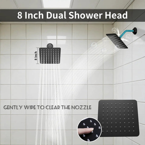 8 inch matte black dual shower head demonstrating water flow, suitable for Matte Black Dual Shower Valve System With Thermostatic Control.