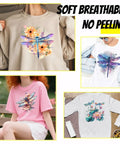 Collage of Watercolor Dragonfly Heat Transfer Stickers Set For Clothes Dope Iron On Patches on various shirts.