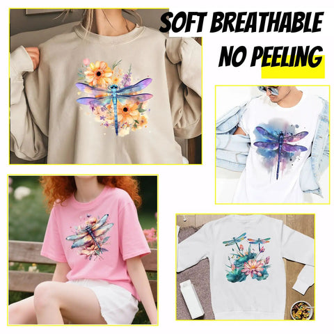 Collage of Watercolor Dragonfly Heat Transfer Stickers Set For Clothes Dope Iron On Patches on various shirts.