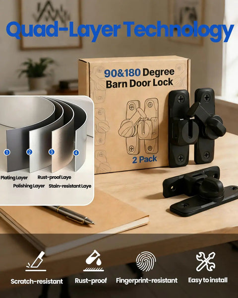 2 Pack 2 In 1 Barn Door Lock And Latch with 90 And 180 Degree Adjustable Sliding Lock for Cabinets, shown with packaging and features
