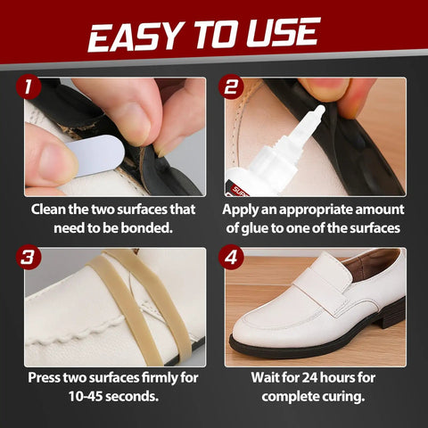Instructional guide showing Heavy Duty Shoe Glue For Boots Sneakers And Heels Waterproof Flexible Adhesive For Durable Sole Repairs