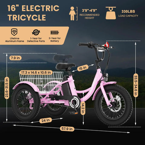 Kids Electric Tricycle 250W Three Wheel E Trike With 16 Inch Tires And Basket Anti Tip Stable Ride Quality Certified For Safe Fun Great For Neighborhood Cruises And Family Adventures, pink side view with dimensions