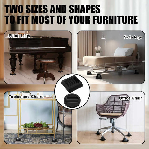 8 Piece Furniture Wheel Stopper Set With 2x2 Inch Round And 3x3 Inch Square Caster Cups Non Slip Prevents Sliding For Sofas Beds Chairs And Desks And More Fits Most Wheels Under 4 Inches shown under piano, sofa, table, and chair