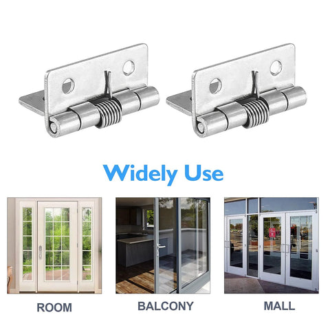 Two 1.5-inch stainless steel spring-loaded cabinet hinges, self-closing (close-up view)