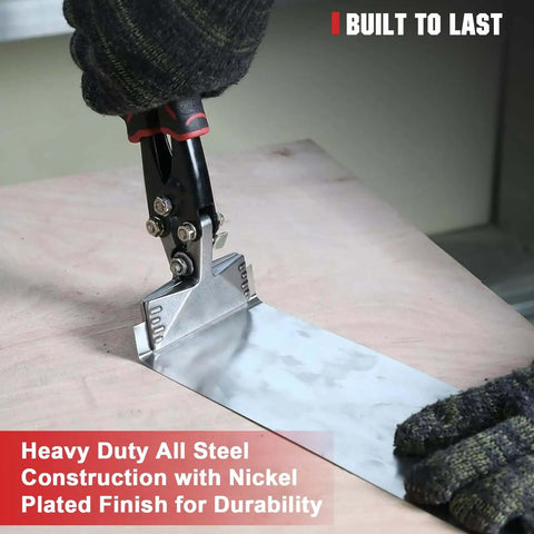 Person using Heavy Duty Duckbill Sheet Metal Pliers 3 Inch Hand Seamer And Straight Bender on metal sheet