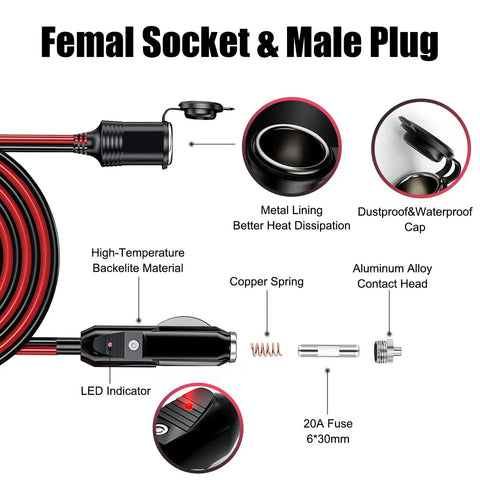 13Ft 12V/24V Heavy Duty Cigarette Lighter Extension Cable 16AWG Male Plug To Female Socket Adapter With Dual 15A Fuses And LED Indicator Lights For Tire Inflator Air Compressor, male and female plugs