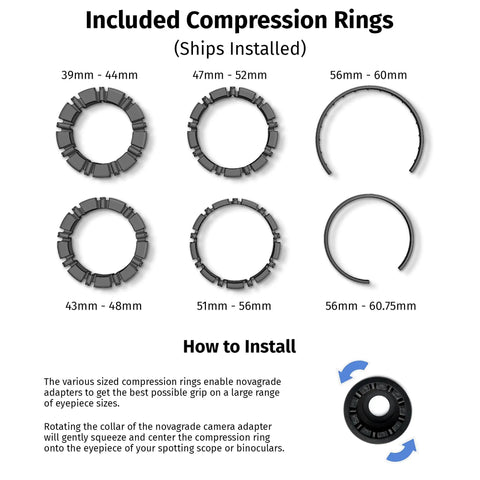 Six compression rings for Universal Spotting Scope Phone Adapter With Double Grip Telescope Mount included in packaging.