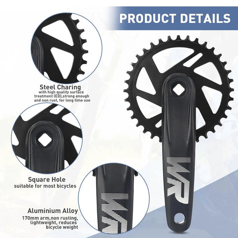 Single Piece Mountain Bike Crankset 36T With 170mm Arms For MTB Bicycles, Drop Stop Narrow Wide Chainring, Steel Construction